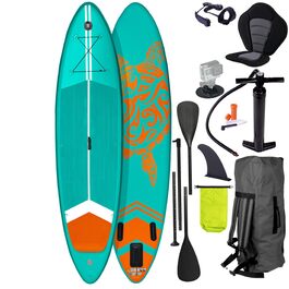 Надувний SUP Board BRAST Turtle | Комплект для станд-ап паддлбордингу | 320x81x15 см | 4 дизайни | 5 років гарантії | з аксесуарами | 2в1: SUP Board та каяк | з кріпленням для Action-Cam, петлею для ніг, рюкзаком | Колір: Туркіс