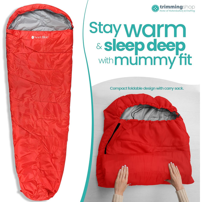 Спальний мішок Mumienschlafsack для дорослих - легкий, компактний, водонепроникний з капюшоном, 220x85 см, для кемпінгу, походів, подорожей (червоний)