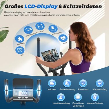 Еліптичний тренажер Neezee для дому: тихий, з 16 рівнями опору, 8 кг маховиком, LCD-дисплеєм (Bluetooth), до 150 кг, чорний