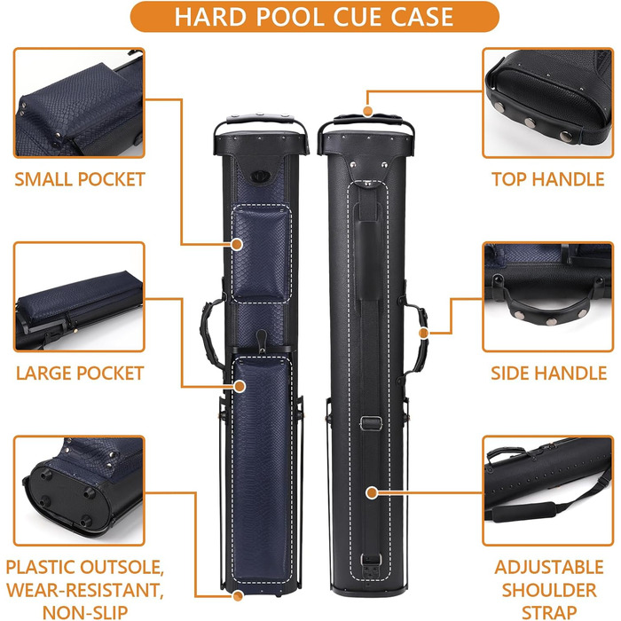 Чохол для бильярдних київ 2x4 з підставкою, чорно-синій. Для зберігання 2 київ та 4 насадок.