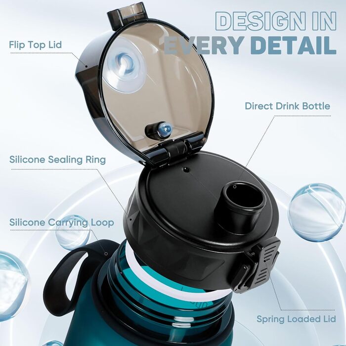 Спортивна пляшка для води 1л BPA-free з неслизьким гумовим ручним, для велосипеда, активного відпочинку, школи, спортзалу, колір: зелений ліс, об'єм: 1000 мл