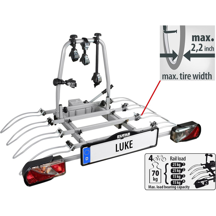 Велотримач EUFAB 11556 для фаркопу: Amber 4 - переноска на 4 велосипеда