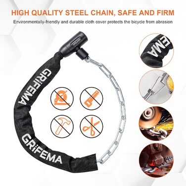 Замок для велосипеда GRIFEMA, висока безпека, ланцюговий, 7 мм x 1200 мм, чорний, з замком-кнопкою