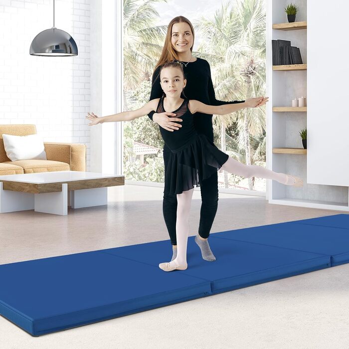 Складаний гімнастичний мат COSTWAY 300x120x5 см, PU-шкіра, клейкі застібки, ручки для перенесення, для фітнесу, йоги, синій