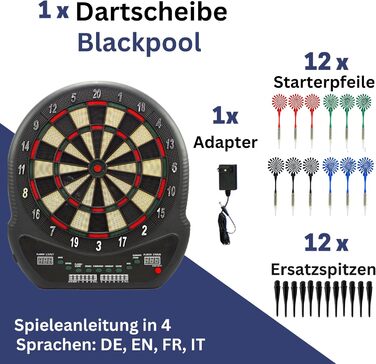 Електронна дартс-мішень Best Sporting Blackpool з LED-дисплеєм, 12 дротиками та запасними наконечниками, автоматичний дартс для 8 гравців