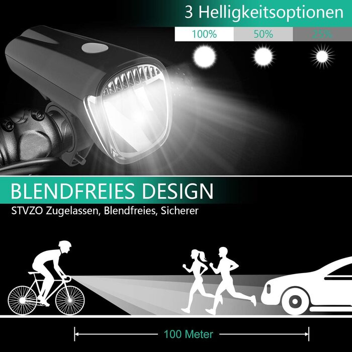 Набір LED-велофаро для велосипеда з покажчиками поворотів, сертифікований за стандартом STVZO, USB-зарядка, фара та задній ліхтар (10/20/40 Lux), водонепроникні