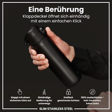 Сталева пляшка для води ION8 Evo Steel, 600 мл, герметична, з одним натисканням та замком, чорна