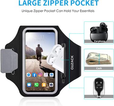 Спортивний браслет для телефону Universal, фіксатор для бігу з навушниками, кишеня для iPhone 16 Pro Max/15 Pro/14 Pro/13/12/11, чорний, на блискавці