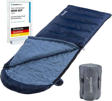 Спальний мішок Skandika Dundee Flanell: бавовна, преміум-якість, з'єднується, двомісний, 3 сезони, до -20°C, 220 x 80/160 см, Outdoor, Indigo, для кемпінгу