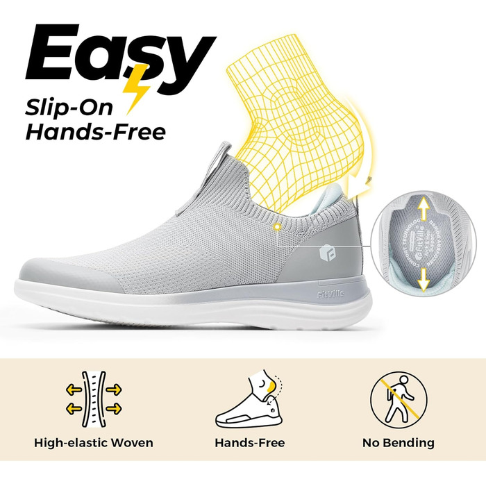 FitVille Кросівки Slip-on для жінок, широка колодка, для ходьби, дихаючі, легкі, спортивні, фітнес, джогінг, Outdoor, Gym, BriskWalk V3 (39 EU, сірий)