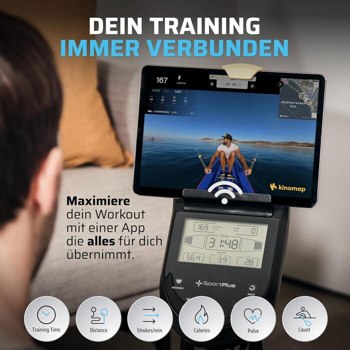 Гребний тренажер SportPlus для дому, складаний, з магнітним опором, чорний/чорний, до 150 кг, сумісний з додатком