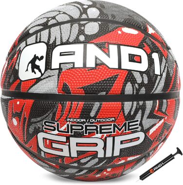 Баскетбольний м’яч AND1 Supreme Grip, розмір 7, гумовий, для вулиці та залу, глибокі канали, з помпою, червоно-сірий