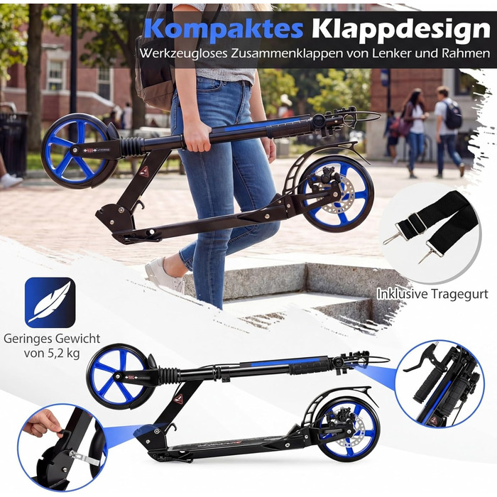 COSTWAY Розкладний електросамокат з дзвіночком та підніжкою, регульована висота керма, для дітей та дорослих (блакитний)