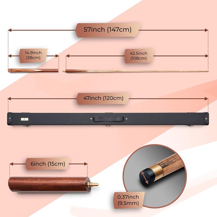 Cue-King Premier 400: Більярдний кий преміум-класу, ручної роботи, 144.8 см, 510 г, 3/4 з чохлом, з деревом Zebra, Hardcase, подовжувач, мікрофібровий рушник для кия, снукерний/пульний кий