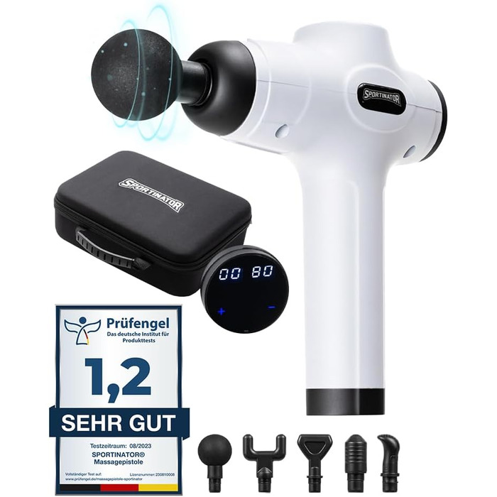 Електричний масажний пістолет SPORTINATOR Level Up з LCD-екраном, USB-C, насадками та кейсом, білий