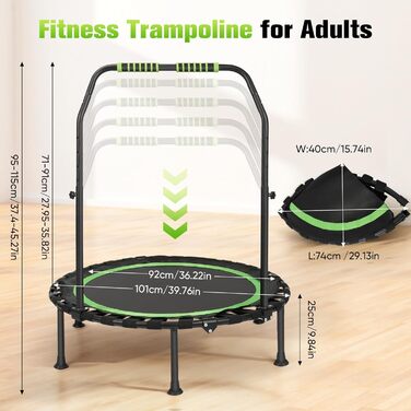 Трамплін для фітнесу в приміщенні, складаний, Ø101 см, 150 кг, стабільний та тихий, для дорослих (зелений)