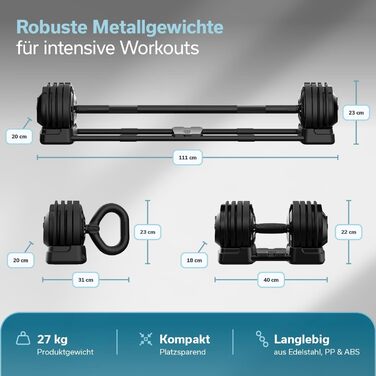 Штанга Skandika Hanteln Paino: Регульований набір гантелей 1.5-24 кг, штанга, гиря, диски. Для дому та спортзалу (3-в-1)