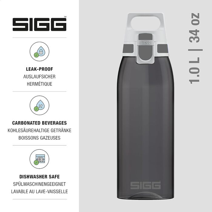 Пляшка для води SIGG ONE з тритану, 1 л, антрацит, для газованих напоїв, герметична, легка, без BPA, придатна для миття в посудомийці