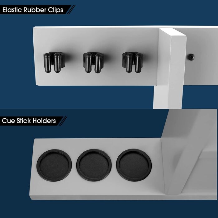 Стенд для більярдних кийків 2-в-1 з лічильником очок, на 6 кийків, повний комплект м'ячів та аксесуарів, з дерева та гуми, сірий, білий