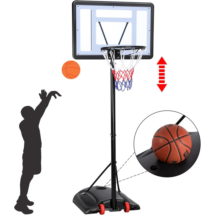 Баскетбольний кошик Yaheetech на колесах з регульованою висотою 219-279 см, чорний, нейлон. Стійка для баскетболу з навантаженням водою/піском.