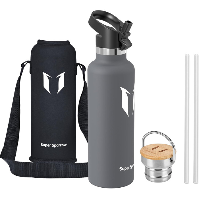Фляга Super Sparrow з нержавіючої сталі - 350мл/500мл/620мл/750мл/1л - Без витоку, термос, BPA-Free, для дітей, спорту, школи, фітнесу - з 2 кришками, сірий колір