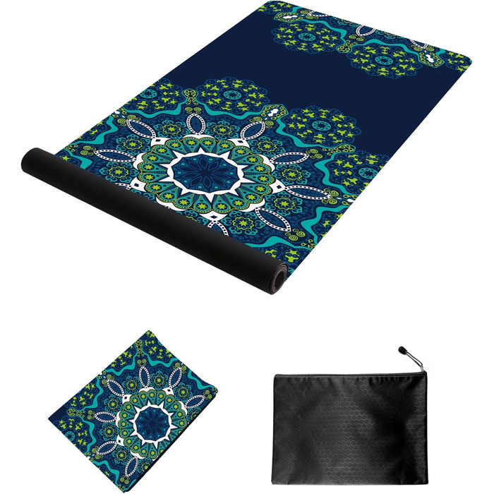 Yogamatka NuVeti з друком, 0,6 см, нековзна, для йоги, пілатесу та фітнесу, з сумкою, складна, легка, з велюру та натурального каучуку, 183x61 см