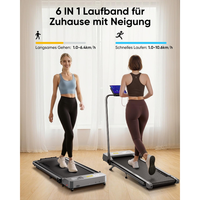 Біговий тренажер 6 в 1 для дому, складний, з регулюванням нахилу 10% та ручками. Макс. вантажність 135 кг, LED-дисплей, пульт дистанційного керування та додаток. Чорний та сірий.