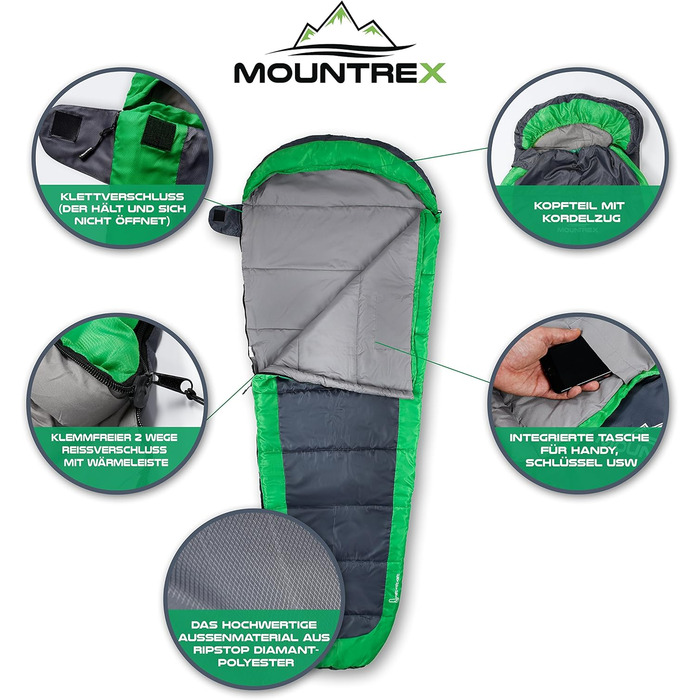 Сплячий мішок MOUNTREX® – ультралегкий та компактний (850г) – для відпочинку на природі, літній спальний мішок, мумієподібний (205x75 см) – малий об'єм при згортанні, легкий – для підлітків та дорослих + подарунок: надувне зелене подушечка для подорожей