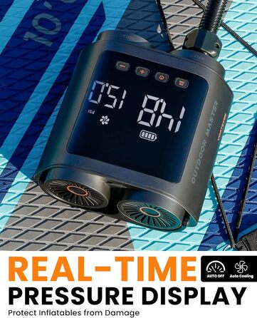 OutdoorMaster Vortex Pro: Електрична SUP-насос з акумулятором 57.7Wh, 12V/15.8V DC, Typ-C, 8 насадок для SUP та інших надувних виробів