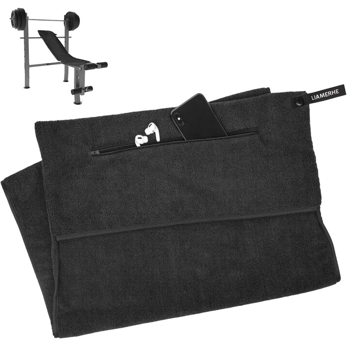 Рушник для фітнесу Liamerhe з мікрофібри 120x50 см з кишенею на блискавці та антиковзким покриттям (чорний)