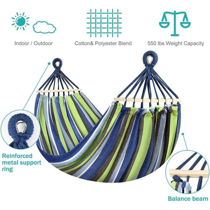 Гамак для відпочинку на природі: Outdoor, для кемпінгу, з дерев'яною перекладиною, ременями кріплення та сумкою. Підходить для дому, балкону, тераси, саду, подорожей з рюкзаком (світло-зелений)