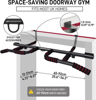 RHINOSPORT Турнік для дверного прорізу – турнік для підтягувань на двері з багатохватним грифом – без свердління, нековзке покриття до 200 кг (440 фунтів) – для дверей 65-92 см