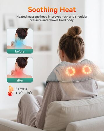 Масажер для шиї та плечей Snailax з підігрівом, акумуляторний Shiatsu 4D, для шиї, плечей, спини, подарунок, сірий та зелений