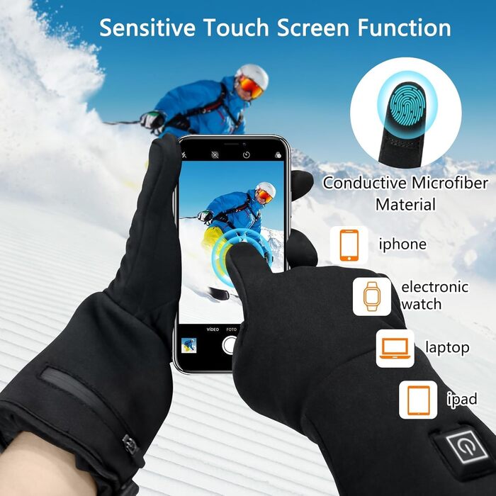 Електричні гріючі рукавички для жінок та чоловіків, чорні, M/L, водонепроникні, з акумулятором 7.4V 2200mAh, 3 режими нагріву, сенсорний екран