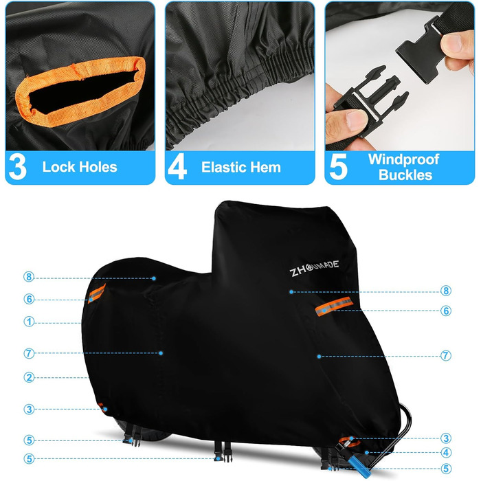 Водонепроникний чохол для мотоцикла Mini Motorrad Abdeckplane Outdoor, 420D Oxford, з відбиваючими смугами, сумісний з Honda Grom, MSX125, Navi, Monkey 125, ролер 50cc (175x66x110cm)