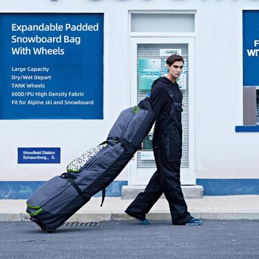 Сумка для сноуборда XCMAN з підкладкою та колесами, розширювана сумка-тележка для перевезення літаком, регульована довжина - наддовга/широка/глибока, водонепроникна, з захисними ребрами (зелена)