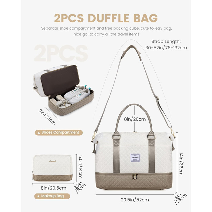 Спортивна сумка LOVEVOOK для жінок з відділенням для взуття, ручна поклажа, дорожня сумка, сумка для вихідних, сумка-мішок, жіноча дорожня сумка, клінічна сумка, сумка для пологового будинку, для залу, пляжу, сауни, кемпінгу (XL-2шт, Бежево-хакі)