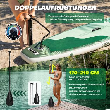 SUP дошка Solavero надувна з аксесуарами, 323x83x15 см, до 200 кг, Eva-покриття, зелений джунглі - для початківців та сімей
