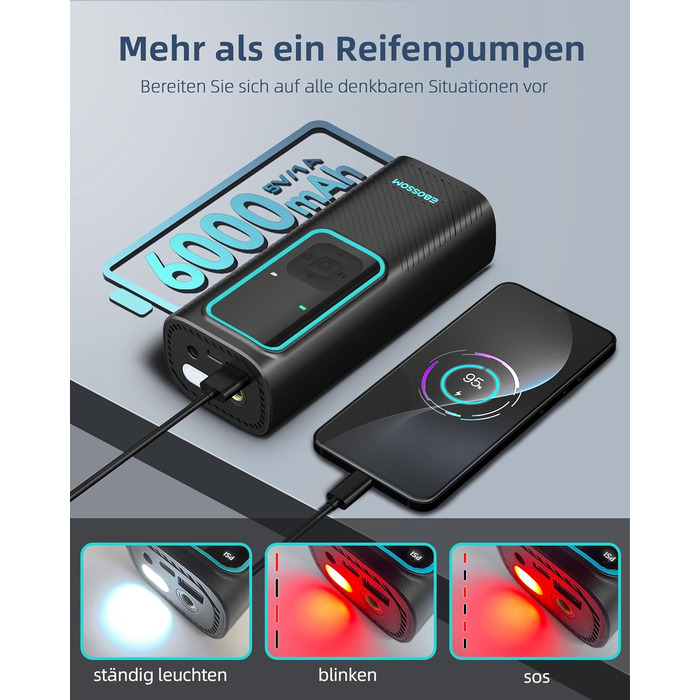 Електрична повітряна помпа 10.3 Bar з акумулятором, компресор Mini 6000mAh & 12V DC, портативна помпа для авто, мотоцикла, велосипеда з LED-підсвічуванням та автоматичним відключенням, блакитна I7