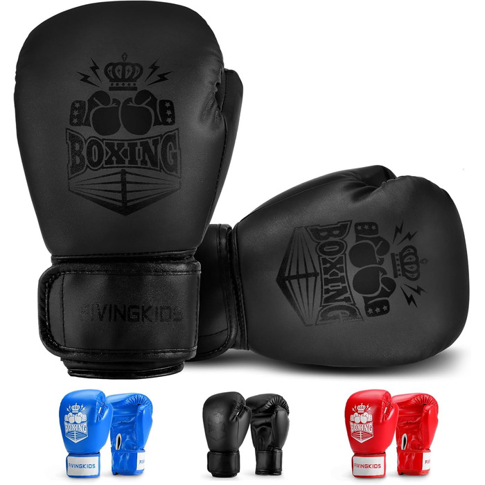 Боксерські рукавички FIVING для дітей та підлітків, 6oz, чорні. Для занять боксом, кікбоксингом, муай-тай, ММА