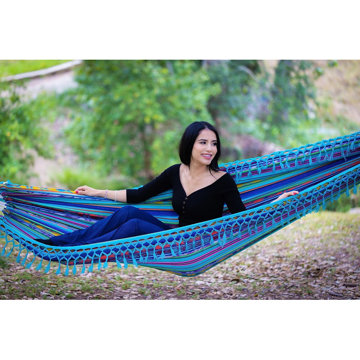 Гамак Boho Klassische з китицями, ручної роботи, водостійкий для дому та саду (Quilotoa Blaugrün) - для тераси, веранди, заднього двору