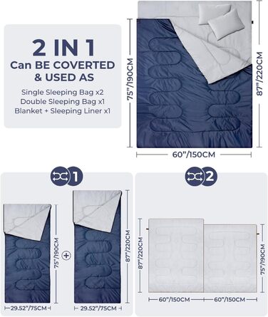 Спальний мішок Ohuhu для двох осіб, 220x150 см, блакитний - для кемпінгу, подорожей, сімейного відпочинку та фестивалів