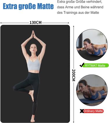 Йога мат XXL 200x130см: фітнес мат для йоги, фітнесу, занять з дітьми та для людей похилого віку. Товщина 20/15/10 мм, матеріал NBR, зелений/чорний колір