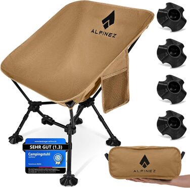 Зручний складаний стілець для кемпінгу Alpinez: легкий, регульований по висоті, компактний | стілець для риболовлі, пляжний стілець з ніжками-кнопками, зелений (бежевий)