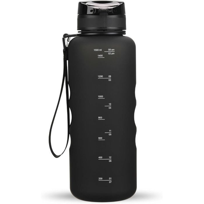 Спортивна пляшка для води 720°DGREE uberBottle 1,5 л з мотиваційною шкалою, ситечком, знімною ручкою, Tritan, BPA Free, герметична, чорна
