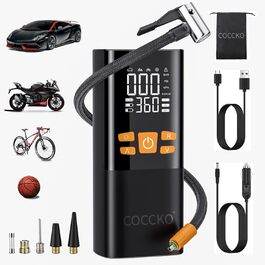 COCCKO Електричний міні-компресор для авто, велосипедів і мотоциклів, 150 PSI, акумулятор, LED-ліхтар, SOS, USB-C, портативний, цифровий дисплей, смарт-режими