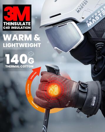 Зимові лижні рукавички OutdoorMaster для чоловіків та жінок, 3M Thinsulate, водонепроникні, теплі, вітрозахисні, з подвійною кишенею, чорні, розмір L