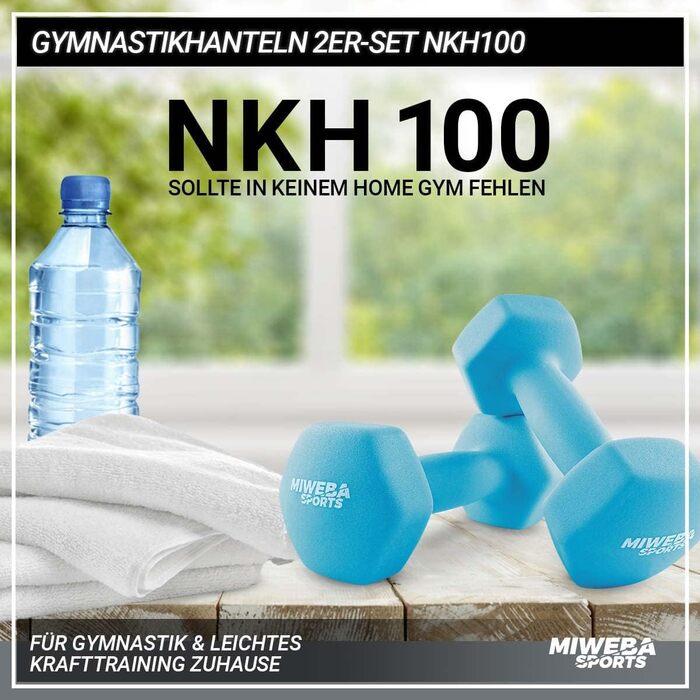 Неопренові гантелі Miweba Sports NKH100, 2×8 кг, гексагональні, для фітнесу, бірюзові, короткі, набір для дому та залу
