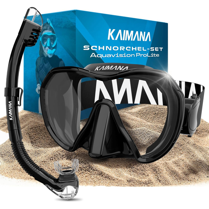 Набір для снорклінгу KAIMANA AquaVision Prolite для дорослих з сумкою, зручна маска для плавання з тканинним і силіконовим ремінцем, альтернатива сноркельній масці, чорний Comfort-Strap