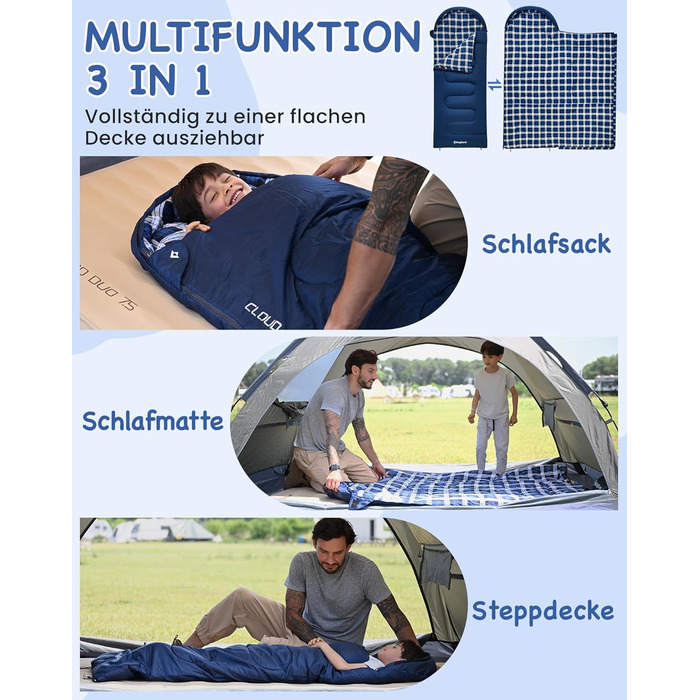 Спальний мішок дитячий KingCamp Flannel, 7°C, Navy, для дітей до 140 см, 4 сезони, водонепроникний, компактний